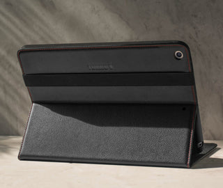 Demonstrating the integrated stand function of the Black Leather (with Red Stitching) Stand Case for iPad 10.2" 7th, 8th & 9th Generation