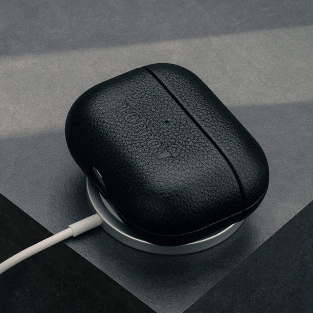 Black Leather AirPods Pro (3rd Gen) Case on MagSafe charger
