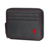 Leather Zipped Coin Purse/Wallet (with Card Holder) - Black with Red Detail