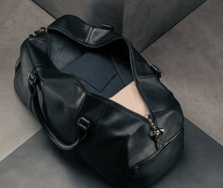 Large spacious storage compartment of the Black Leather Weekend Duffle Bag