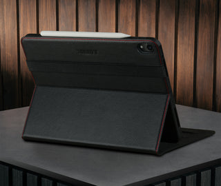Stand feature of the Black with Red Detail Leather Case for iPad Air 11" (2024)