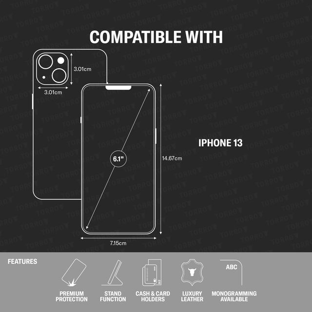 Model compatibility and features of the Leather Stand Case for iPhone 13