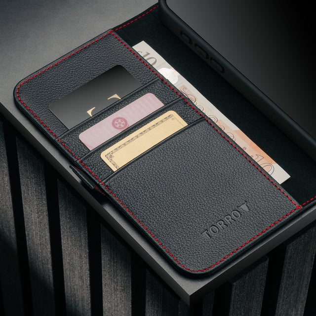 Card holder inside the Black (with Red detail) Leather Case for iPhone 17 Air