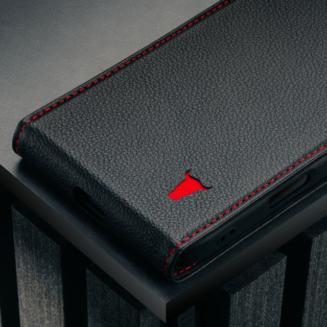 Black with Red Stitching Leather Flip Case for iPhone 17 Pro Max