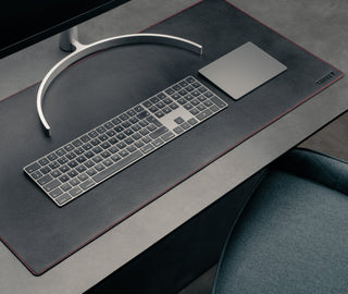 Desk setup with Large Black with Red Detail Leather Desk Mat