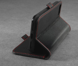 Integrated stand function of the Genuine leather Black with Red Stitching Stand Case for iPhone SE (2020), iPhone 8 and iPhone 7