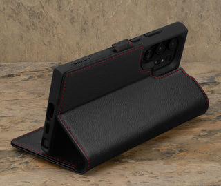 Stand feature of the Black with Red Detail Leather Wallet Case for Samsung Galaxy S24 Ultra
