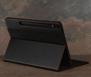 Integrated stand function of the Black with Red Detail Leather Case for Samsung Galaxy Tab S9+