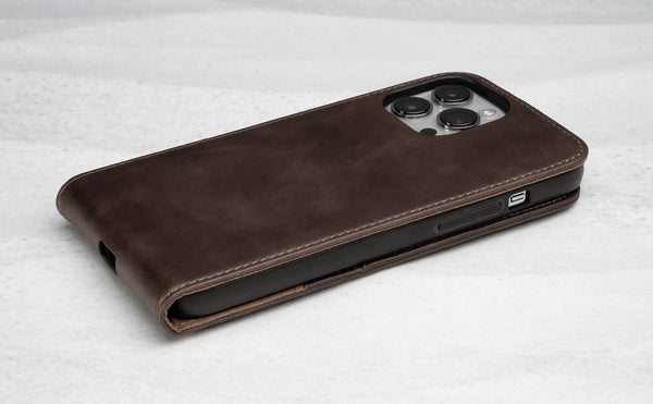 iPhone 14 Pro in a Dark Brown Leather Phone Case