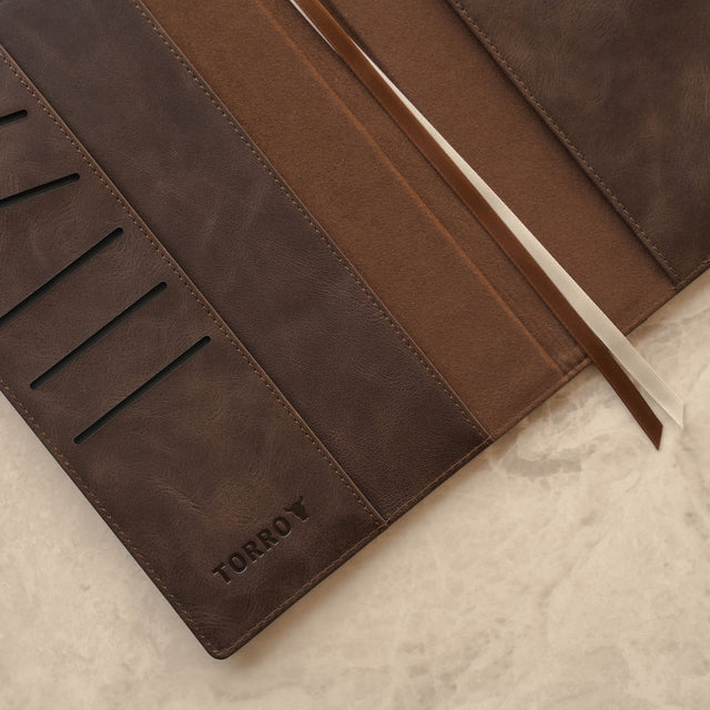 Close up of the inside cover of the Dark Brown Leather A4 Notebook Cover with card slots