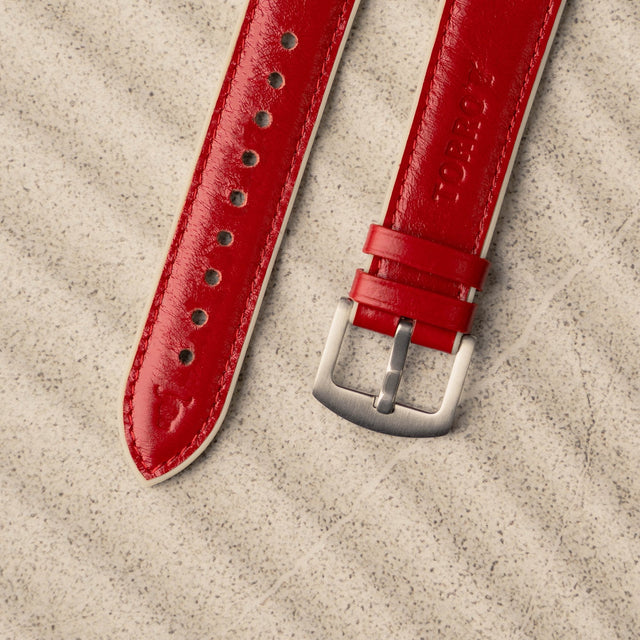 Close up of the Red Leather Strap for Apple Watch