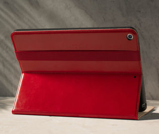 Demonstrating the integrated Stand function of the Red Leather Stand Case for iPad 10.2" 7th, 8th & 9th Generation