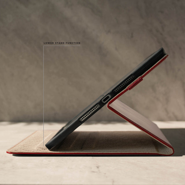 Demonstrating the lower viewing angle of the Red Leather Stand Case for iPad 10.2