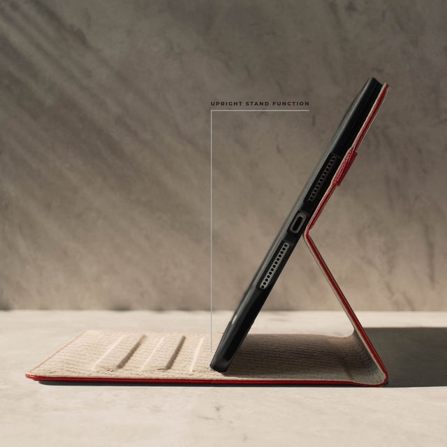Demonstrating the upright viewing angle of the Red Leather Stand Case for iPad 10.2