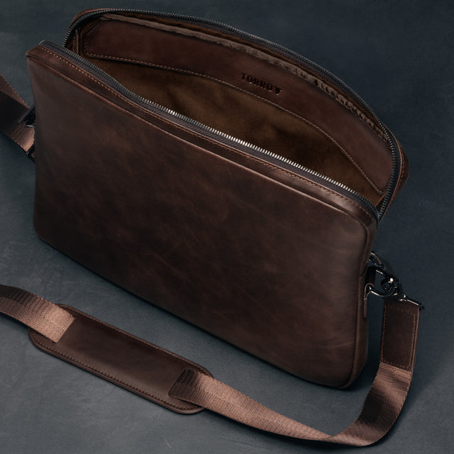 Inner pocket of the Dark Brown Leather Messenger Bag
