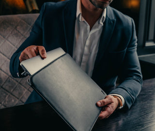 Removing MacBook from Black Leather Laptop Sleeve for 15” and 16” Apple MacBook