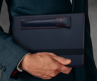 Navy Blue Stitching Leather Apple Pencil Case / Sleeve attached to matching iPad case