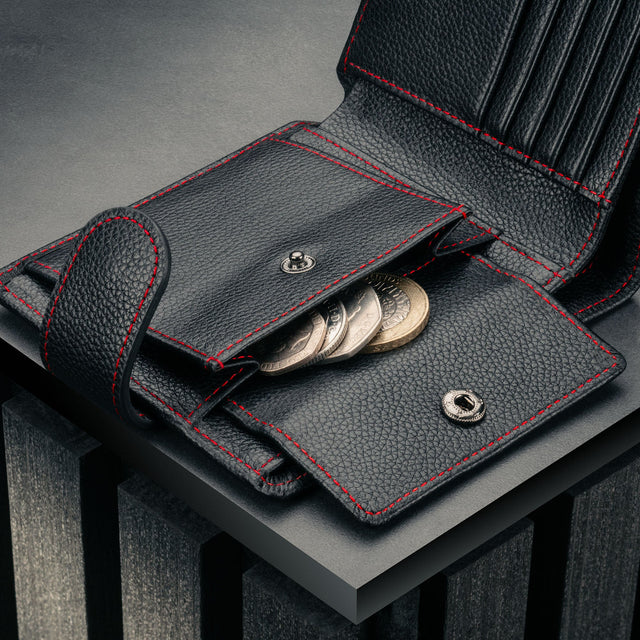 Coin pocket inside the Black with Red Detail Leather Wallet with Coin Pocket