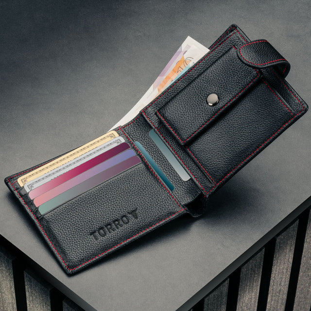 Inside of the Black with Red Detail Leather Wallet with Coin Pocket