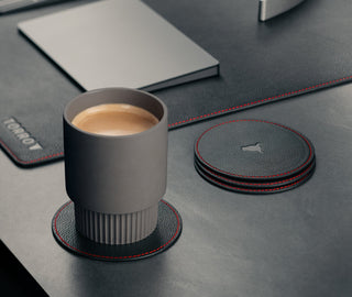 Desk setup with Black with Red Detail Leather Coasters