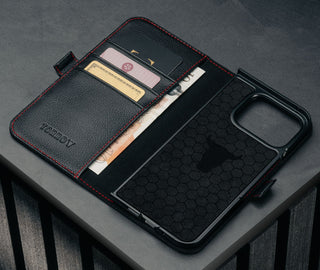 Card holder inside the Black with Red Detail Leather Case for Google Pixel 10 Pro Fold