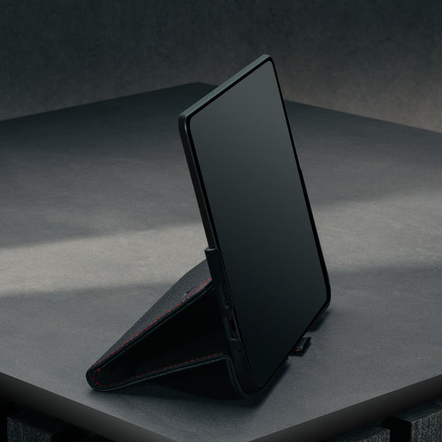 Stand feature of the Black with Red Detail Leather Case for Google Pixel 10 Pro Fold