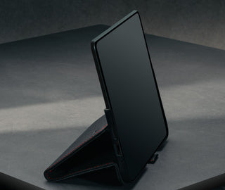 Stand feature of the Black with Red Detail Leather Case for Google Pixel 10 Pro Fold