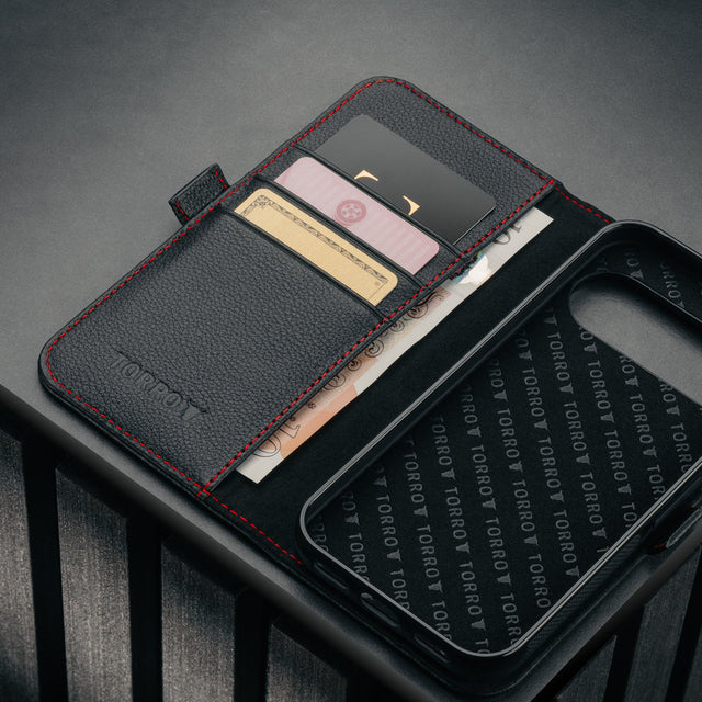 Card holder in the Black with Red Detail Leather Case for Google Pixel 10 Pro XL