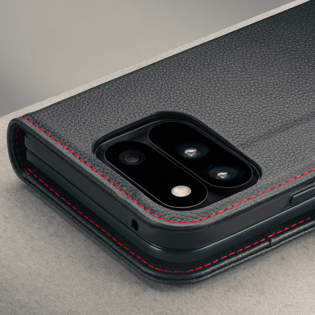 Camera cutout on the Black with Red Stitching Leather Case for the Google Pixel 11 Pro Fold
