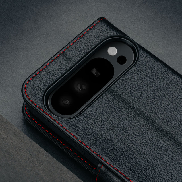 Camera cutout on the Black with Red Detail Leather Case for Google Pixel 9 Pro