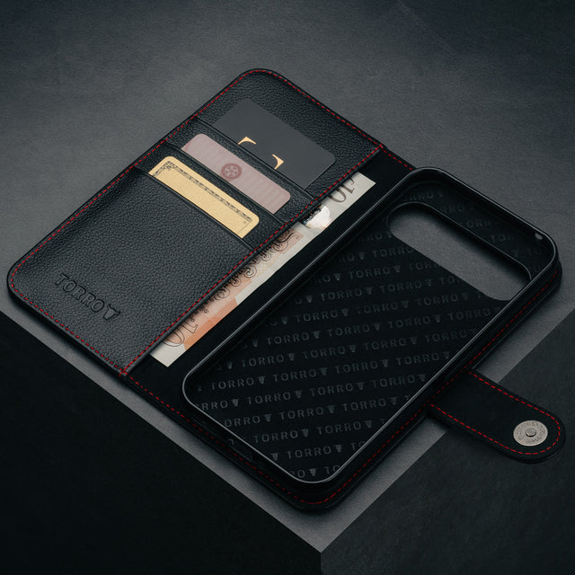 Card slots in the Black with Red Detail Leather Case for Google Pixel 9 Pro