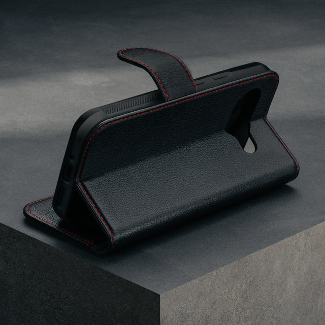 Stand function of the Black with Red Detail Leather Wallet Case for Google Pixel 9a