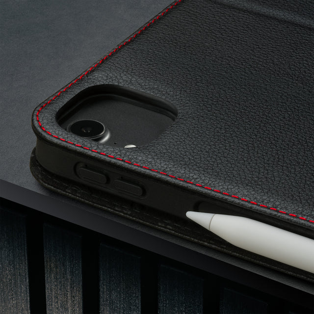 Camera cutout on the Black with Red Detail Leather Case for Apple iPad Air 13