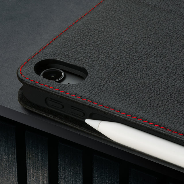 Camera cutout on the Black with Red Detail Leather Case for iPad Air 11