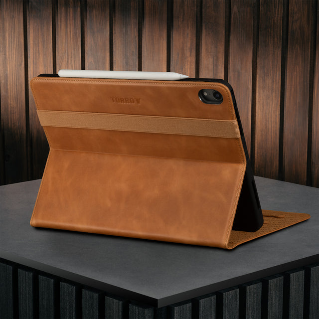 Stand function of the Tan Leather Case for iPad Air