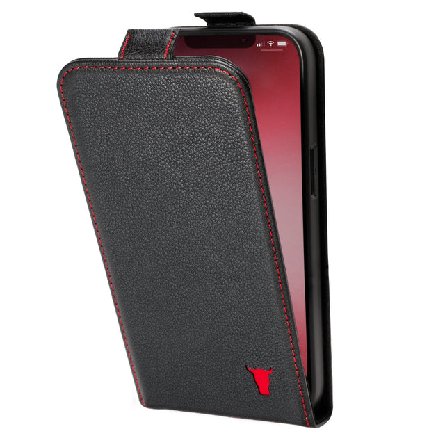 Black Leather (with Red Stitching) Flip Case for iPhone 12