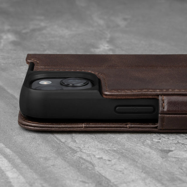 Raised camera lip of the Dark Brown Leather Folio Case for iPhone 13