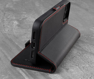 Integrated stand function of the Black Leather (with Red Stitching) Phone Case for iPhone 13 Pro