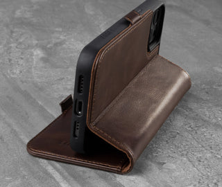 Integrated stand function of the Dark Brown Leather Phone Case for iPhone 13 Pro Max
