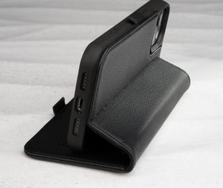 Integrated stand function of the Black Leather Folio Stand Case for iPhone 14