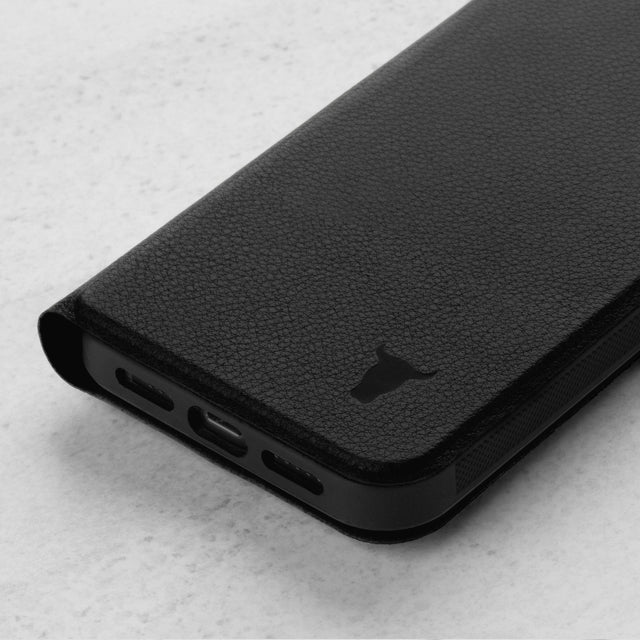 Close up of the Black Leather Bumper Case (with detachable cover) for iPhone 14 Pro