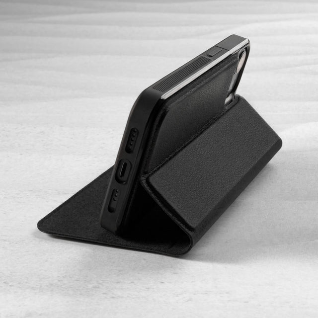 Stand function of the Black Leather Bumper Case (with detachable cover) for iPhone 14 Pro
