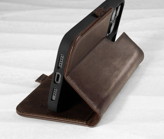 Integrated stand function of the Dark Brown Leather Folio Stand Case for iPhone 14 Pro