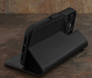 Integrated stand function of the Black Leather Wallet Case for iPhone 15 Pro Max