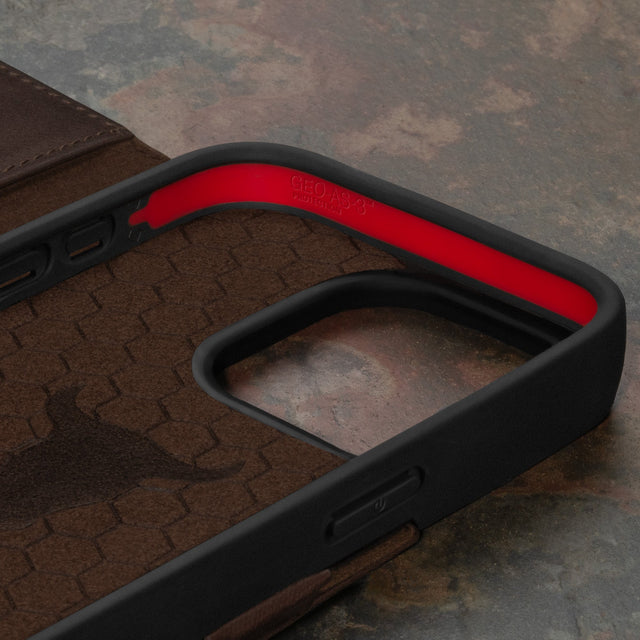 Geometric microfibre lined frame with advanced GEO-AS-3 protection of the Dark Brown Leather Wallet Case for iPhone 15 Pro Max