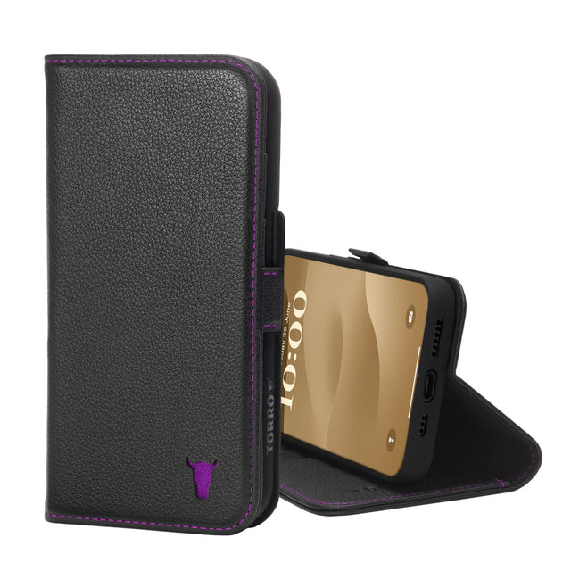 Black with Purple Detail Leather Wallet Case for iPhone 15 Pro