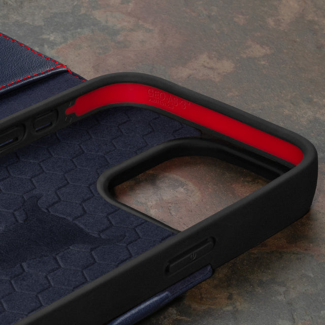 Geometric microfibre lined frame with advanced GEO-AS-3 protection of the Navy Blue Leather Wallet Case for iPhone 15 Pro