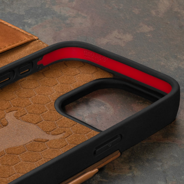 Geometric microfibre lined frame with advanced GEO-AS-3 protection of the Tan Leather Wallet Case for iPhone 15 Pro