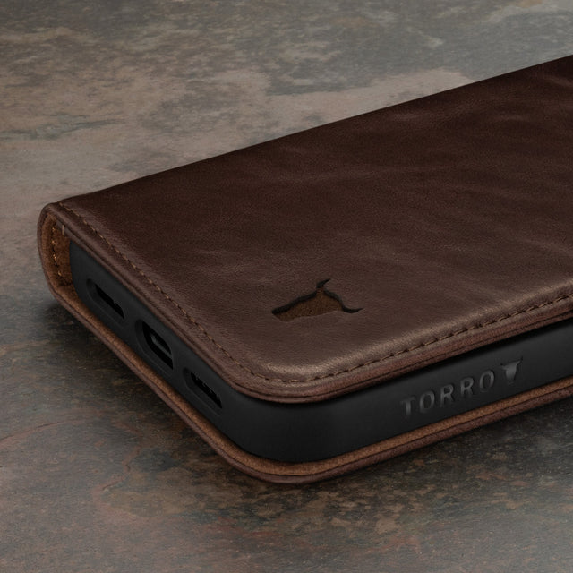 Dark Brown Leather Wallet Case for iPhone 15