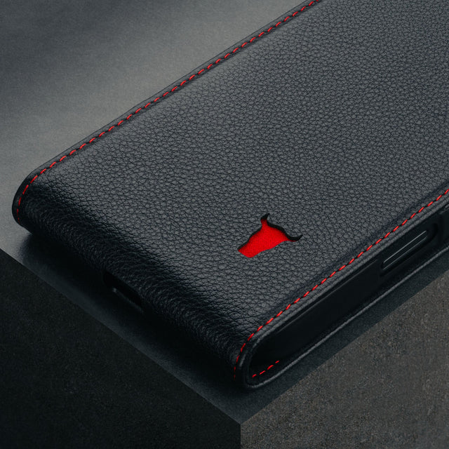 Black with Red Stitching Leather Flip Case for iPhone 16